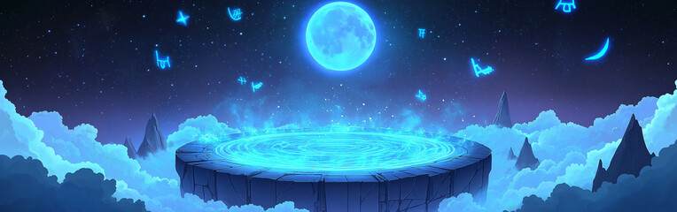 Obraz premium The Cartoon game platform floating in clouds, Illustration