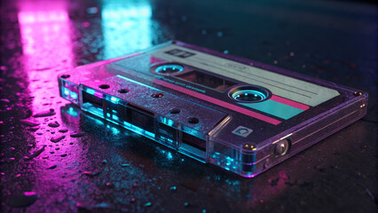Neon-lit retro music cassette on wooden surface