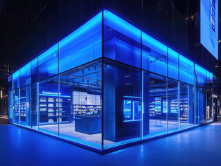 d. A futuristic shopping environment where customers interact with AI-driven digital displays showcasing tailored product suggestions. The store is illuminated with ambient blue lighting, featuring 