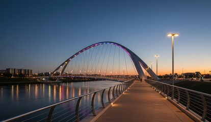 Fototapeta premium A modern arch bridge over a river at twilight with city buildings behind.