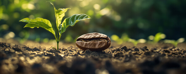 giant coffee bean close-up growing in soil with coffee plant seedlings, perfect for agricultural themes, sustainability concepts, and coffee-related branding