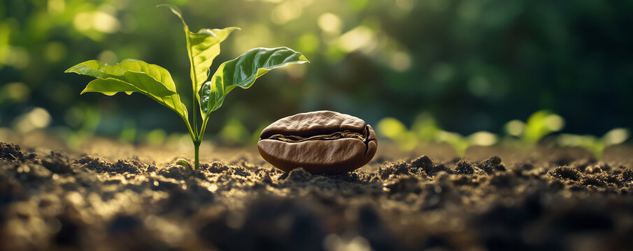 giant coffee bean close-up growing in soil with coffee plant seedlings, perfect for agricultural themes, sustainability concepts, and coffee-related branding