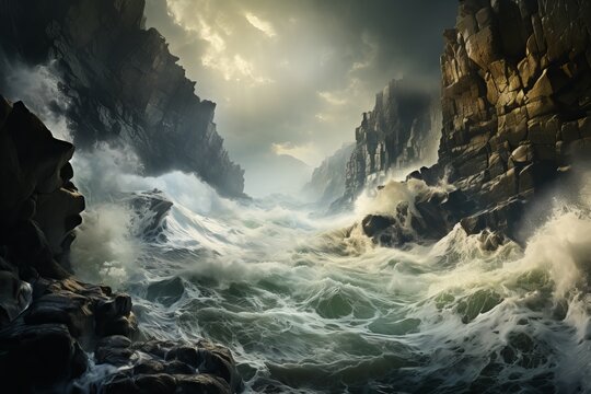 A dramatic seascape of massive waves crashing against rugged coastal cliffs.