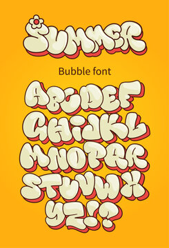 Summer font set in cartoon doodle style. Graffiti bubbles letters