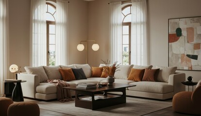 Fototapeta premium Warm, modern living room with a large couch, wood accents, and soft textures.
