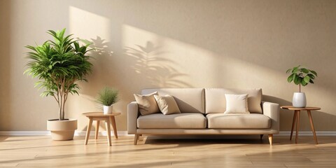 Serene Living Room with Beige Sofa, Natural Light, and Lush Potted Plants