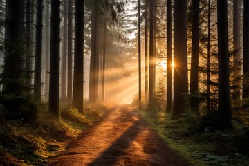 Fototapeta premium A breathtaking view of a dense forest at dawn, where golden sunlight pierces through thick mist.