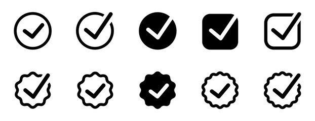 Variety of check mark symbols in circular and square icons