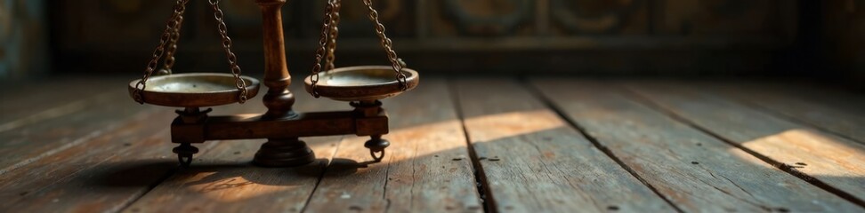 Wooden ancient style swinging scales with colorful weights on a floor, colorful, old