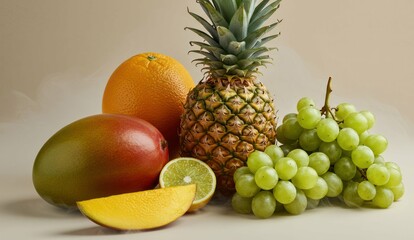 A vibrant still life featuring a pineapple, grapes, mango, orange and a lime.
