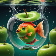 Surreal fish with apple-themed body in water
