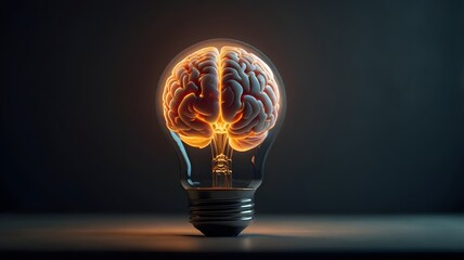 a light bulb with human brain inside against a pure dark background, ai brain or technology concept, space for copy