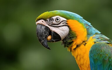 Fototapeta premium Close-up of a vibrant blue and yellow macaw parrot holding a nut in its beak against a blurred green background. The bird's detailed feathers and bright colors are sharply in focus
