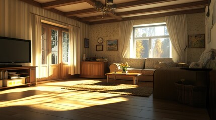 Fototapeta premium Cozy living room with wooden beams, sunlight streaming through windows, and a vase of flowers on the table