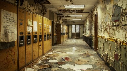A forgotten school hallway with broken lockers, peeling paint, and tattered notebooks strewn across the dusty floor.