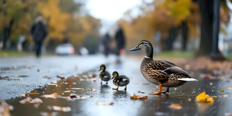 Female mallard duck walking with two ducklings through autumn puddle on wet park path, fallen leaves scattered around, people silhouettes in background, bokeh effect.