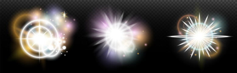Set of flash light effect with glare and glow on a transparent background. Magic, rainbow glow, shining light, stars, optical flares for design, photomontage, New Year and holiday projects.