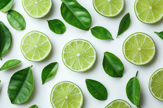 Limes and leaves on a white background, vibrant green colors standing out, fresh and citrusy, perfect for summer drinks and recipes.
