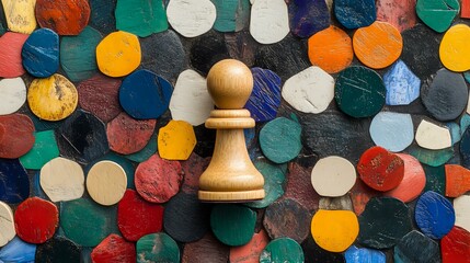 Wooden chess pawn piece on colorful polka dot background, strategic game concept with vibrant circles pattern creating dynamic composition.