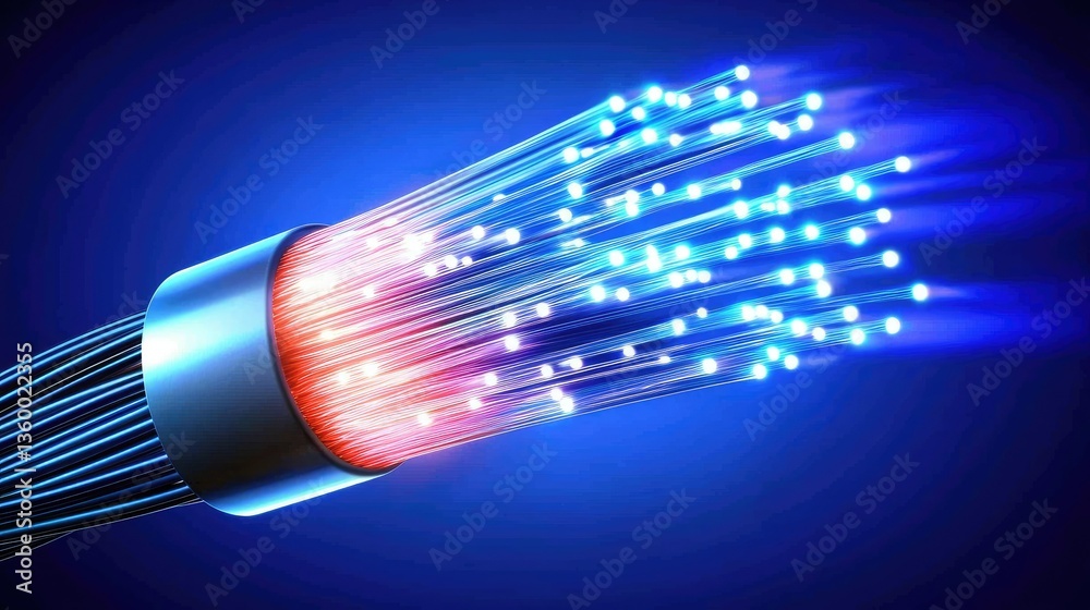 Poster a futuristic display of glowing internet fiber effects intertwining in a high-tech digital space, re