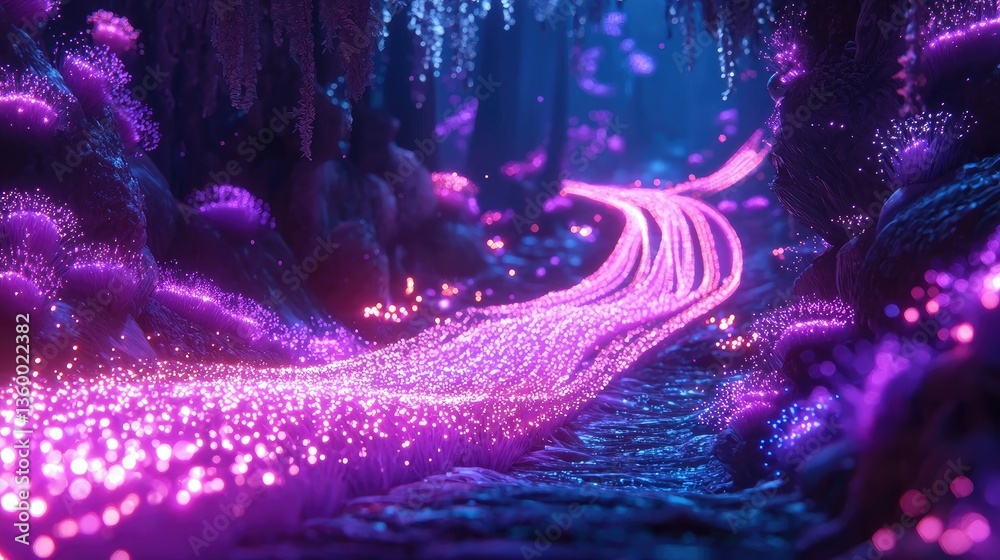 Poster a futuristic display of glowing internet fiber effects intertwining in a high-tech digital space, re