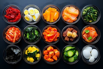 Korean side dishes banchan in glass bowls on dark background, including kimchi, pickled vegetables, marinated eggs and seaweed, traditional Asian cuisine.