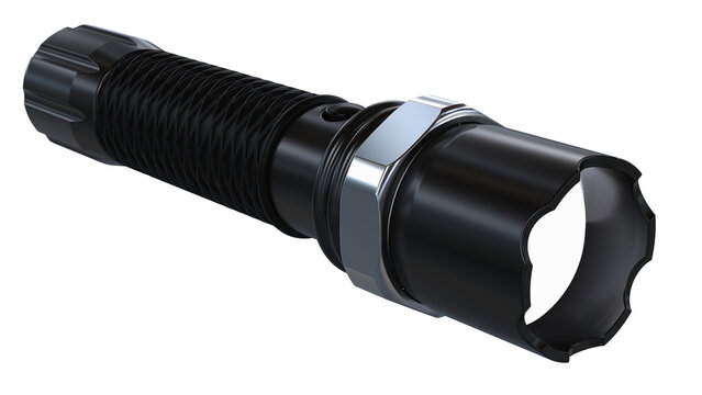 A 3D-rendered image of a black tactical flashlight with a textured grip and a rugged design. The flashlight has a powerful lens and a sturdy metallic body, suitable for outdoor and emergency use.