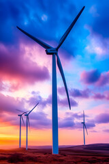 Wind turbines at sunset, energy, rural landscape, clean power
