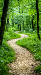 Fototapeta premium Winding forest path, summer sunlight, lush greenery, nature walk