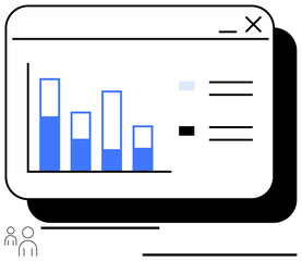 Bar graph with blue and white bars, chart legend, browser window layout, and small team icons. Ideal for analytics, teamwork, data presentation, business metrics, reports web apps flat simple