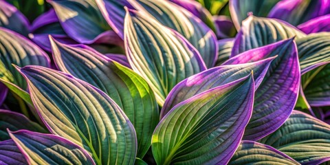 A vibrant tapestry of deep purple and green foliage, illuminated by the warm glow of sunlight, showcasing the intricate veining and texture of each leaf.