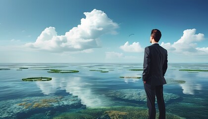 Businessman contemplating success over calm waters serene landscape inspirational viewpoint tranquil environment