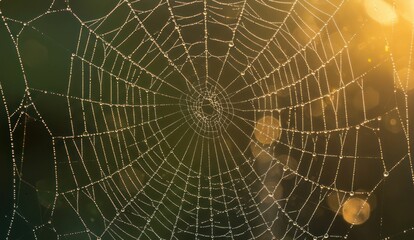 Obraz premium A glistening spider web covered in dew, bathed in golden morning light.