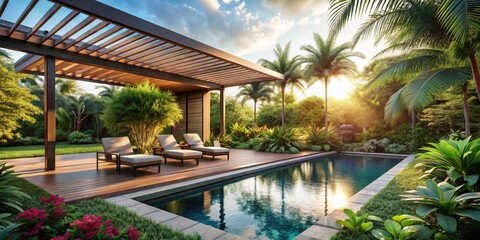 Fototapeta premium Tranquil Poolside Oasis Featuring a Modern Wooden Pergola and Lush Tropical Landscaping at Sunset