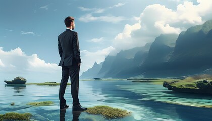 Businessman reflecting on future opportunities serene coastal landscape digital art inspirational viewpoint