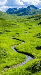 Obraz premium Winding river through green valley, mountains background, scenic landscape, travel photography