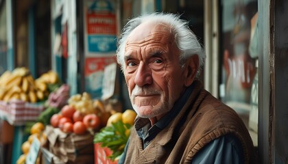 Elderly man selling fresh produce in urban market street view vibrant lifestyle capture