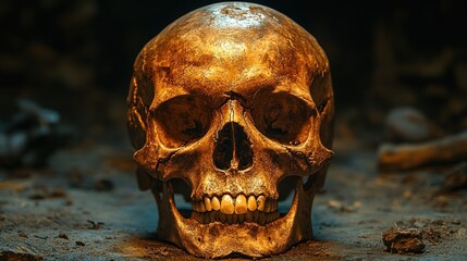 Human skull, close-up, dark cave setting, ancient artifacts