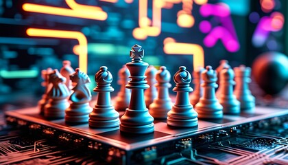 Chess strategy match digital arena artistic illustration futuristic environment close-up gaming tactics