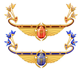 Two sacred Egyptian golden scarabs with open wings, adorned with papirus plant floral decoration, embodying rebirth and protection in Egyptian art. 3D illustration