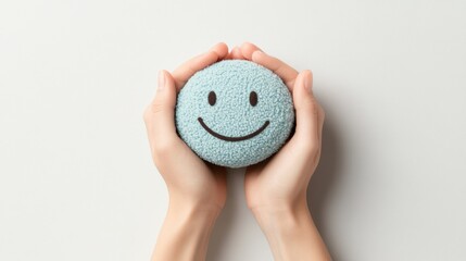 Two Hands Gently Cradling a Light-Blue Sphere with a Simple Black Smiley Face Against a Clean White Background for Joyful and Uplifting Imagery