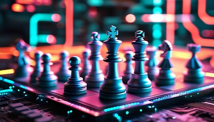 Strategic chess match in neon tech environment digital artwork high-contrast futuristic setting