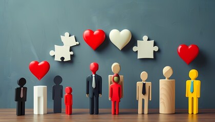 Emotional connections in digital art puzzle hearts & figures in contemporary creative spaces