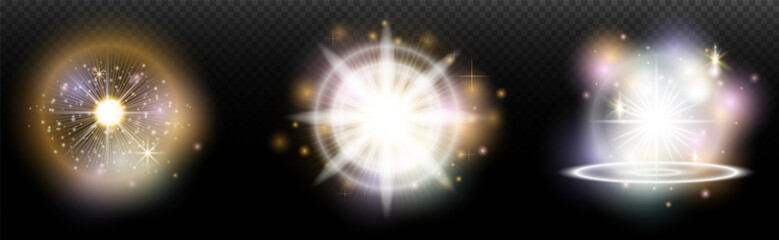 Set of flash light effect with glare and glow on a transparent background. Magic, rainbow glow, shining light, stars, optical flares for design, photomontage, New Year and holiday projects.