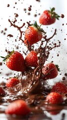 Strawberry in Chocolate Splash: A vibrant display of ripe strawberries suspended mid-air, gracefully interacting with a dynamic splash of molten chocolate.