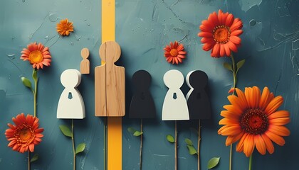 Social connection dynamics among human figures studio setting digital art floral accents conceptual viewpoint