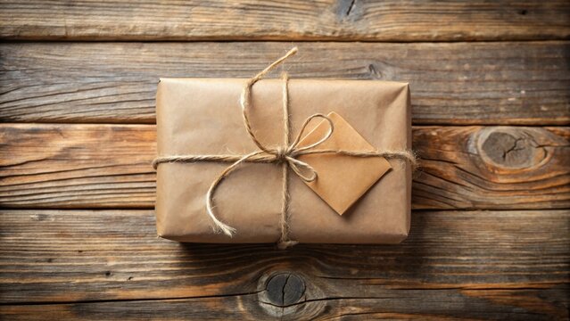 Rustic Brown Package Tied with Twine and Blank Tag on Weathered Wooden Surface
