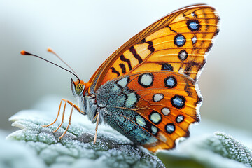 Obraz premium Vibrant orange butterfly perched on a dew-covered leaf, showcasing intricate patterns and colors in a natural setting.