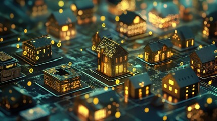 Obraz premium Digital real estate, blockchain symbols and floating coins, 3D illustration. 