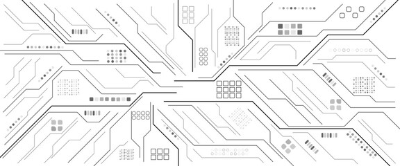 Glowing light white neon AI chip with thin circuit contact lines. Technology lines circuit and dots on white background, circuit board network connection.
